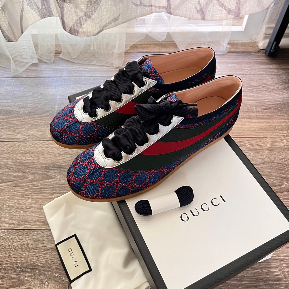 NIB GUCCI Metallic Lurex Calfskin Mens GG Web Falacer Sneakers